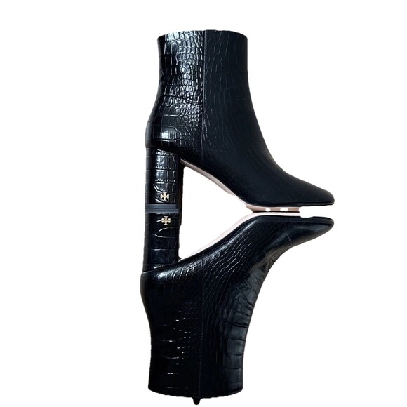 Tory Burch  Brooke Size 8 70 MM Leather Booties Croc Embossed Perfect Black $498 - Picture 7 of 14